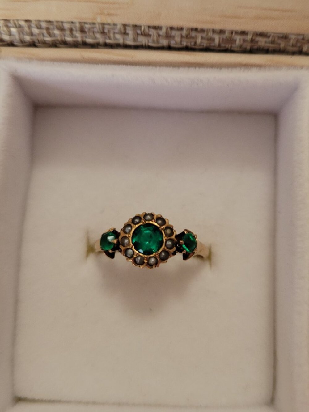 Antique Emerald Green Stones Pearls 10k Gold Victorian Ring May June Birthstones - Picture 12 of 16